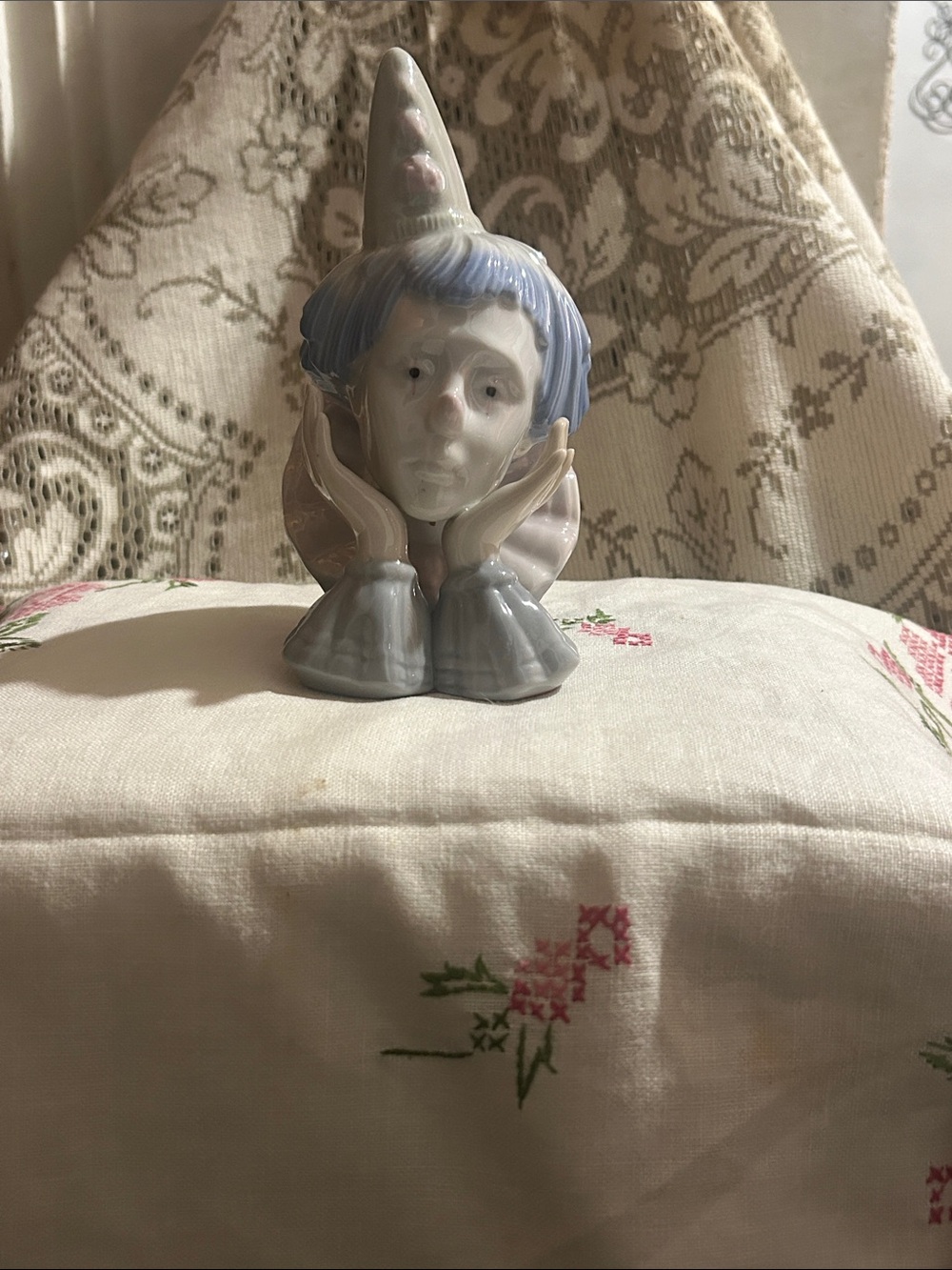 Porcelain Clown Head Figurine in Pastel Blue and Cream